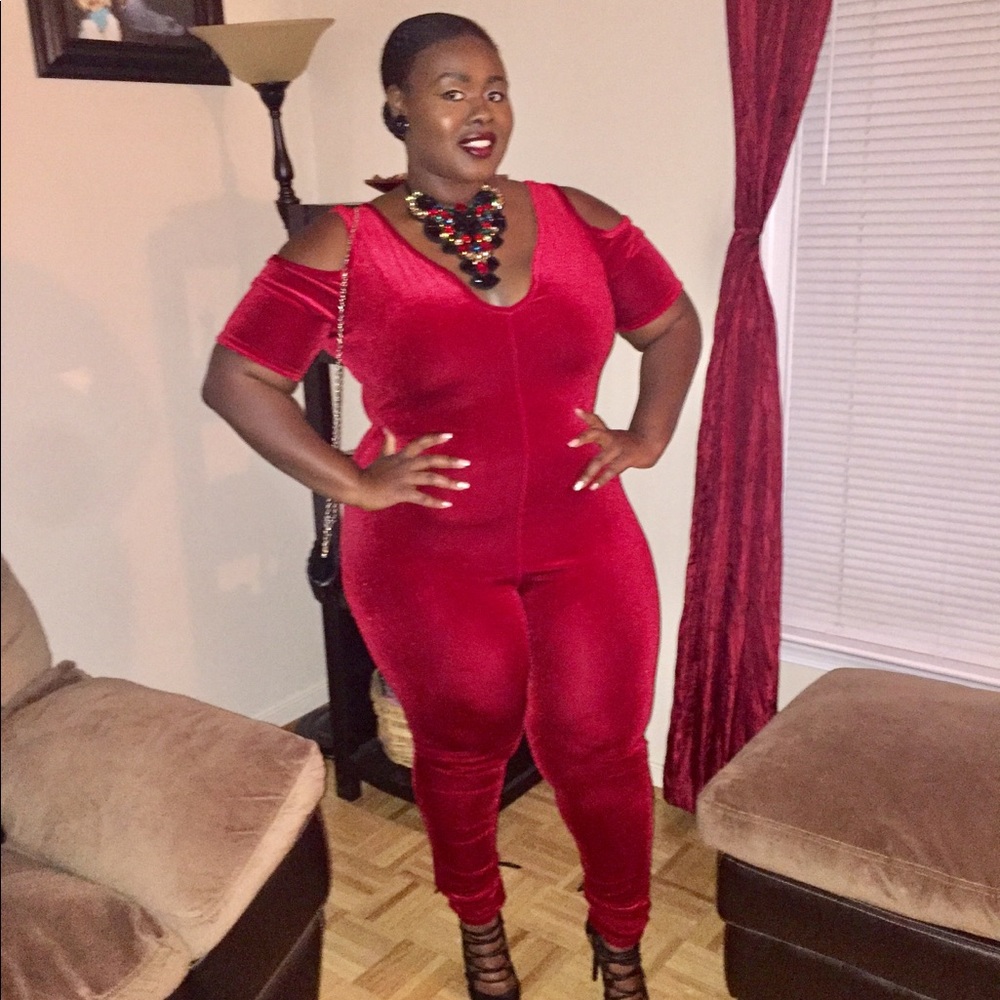 ASHLEY STEWART Plus Size Red Velour Jumpsuit